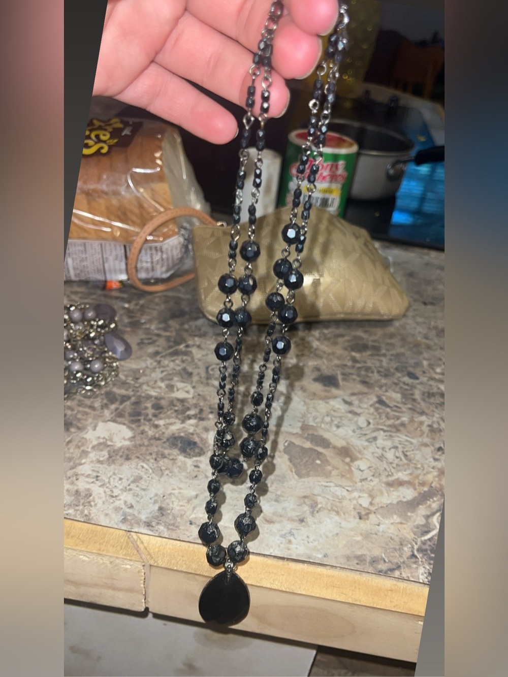 Double-Strand Black Beaded Necklace with Black Teardrop Pendant